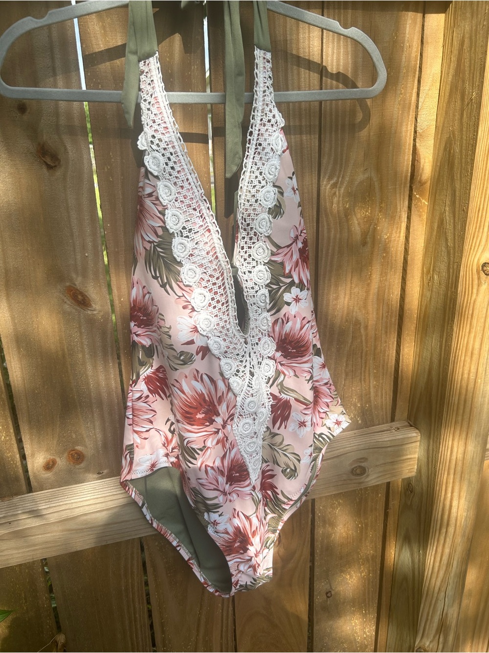 Kona Sol Pink Floral One-Piece Swimsuit with Olive Ties size large - Picture 5 of 11